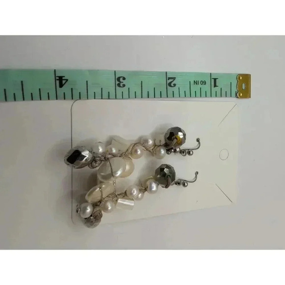 Chicos Pearl Necklace and Earrings Silvertone Braided Beige Cream Bohemian set - Picture 6 of 6